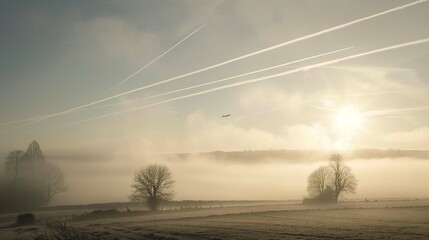 A misty morning in a rural landscape, with a large airplane barely visible above, leaving 