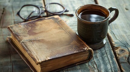 old book and glasses on wooden table