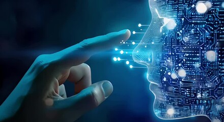 the technology concept, of a hands of human touch digital glowing blue human face, generative ai - Powered by Adobe