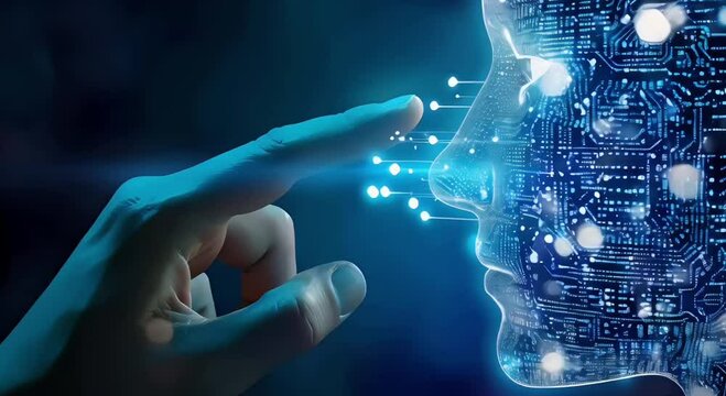 the technology concept, of a hands of human touch digital glowing blue human face, generative ai