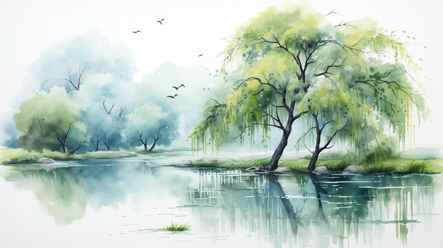 Tranquil watercolor depiction of peaceful pond embraced by elegant weeping willows and charming lily trees in idyllic scenery.