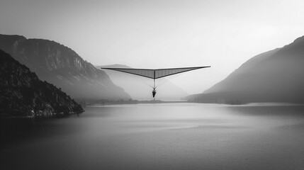 Black and white photo of a hang glider soaring above a mountain lake.