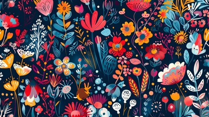 Abstract childish, cute and fun colorful dreamy garden floral seamless pattern wallpaper background with flowers and critters. 