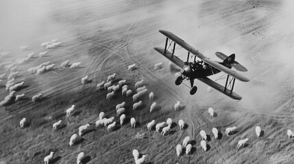 Black and white photo of a biplane flying over a field of sheep's 