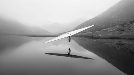 Black and white photo of a hang glider soaring above a mountain lake. - obrazy, fototapety, plakaty
