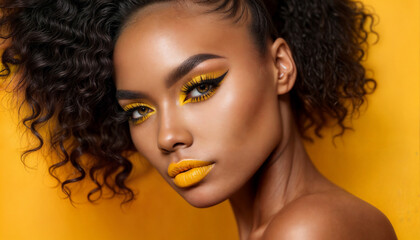 Fashionmode, gelbes Beauty Makeup, Portrait für ein Modemagazin