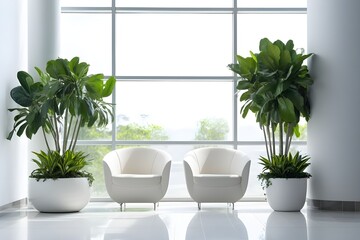 Fototapeta premium Contemporary Hospital Lobby with Cozy Chairs and Plants