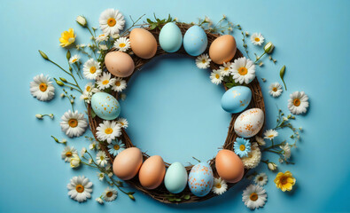 Beautiful pastel and colored Easter eggs nestled in a spring wreath with daisies, flowers, and branches, isolated on light blue background, flat lay, top view, copy space