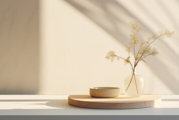 A square vase with a round tray is set against a white counter, styled in golden light and minimalist designs.