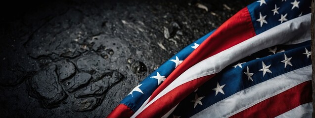 Memorial Day Banner, Premium Holiday Background featuring American Flag on Black Stone with Copy-Space Memorial or Veterans Day, 4 July, independence day, labor day