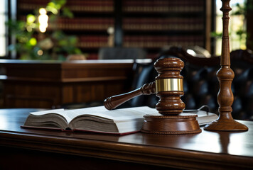A judge gavel and book on a table in front of a library, styled with bamileke art, functionality emphasis, implied movement.