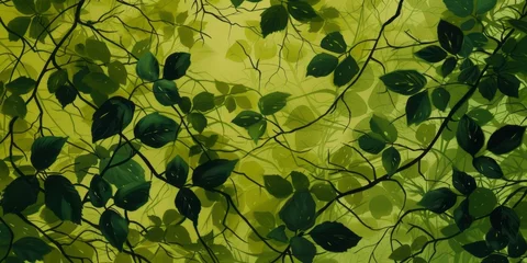 Fotobehang With light-filled landscapes, a green background with leaves, styled with intertwined networks. © Duka Mer