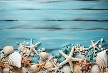 Starfish and shells on a wooden board, styled in teal and sky-blue, with a nautical charm.