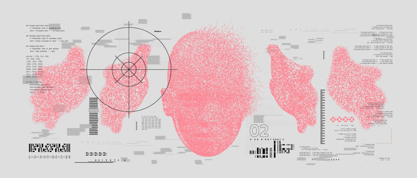 Retro futuristic blurred face with hands. Pixel bitmap graphic with grunge distorted waves. Vector background