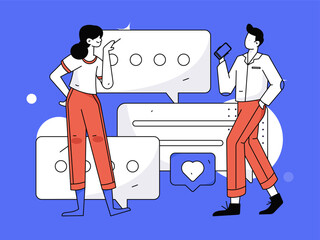 Virtual characters social communication concept business flat vector hand drawn illustration
