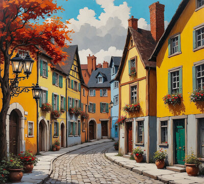 Medieval European town street with old buildings and cobblestone road under a clear sky illustration, German village. Generative ai