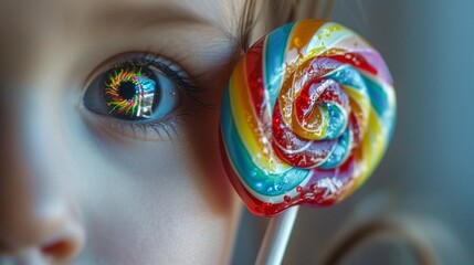 A lollipop with a lick taken out of it reflected in a child's eye.