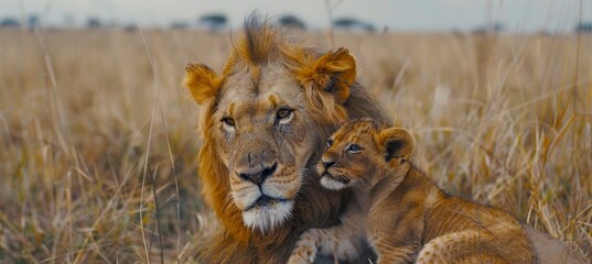 Male lion and cub with empty space for text, object on right side, ideal for customized messages