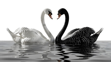 black and white swan swimming together next to each other isolated on a transparent background
