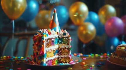 A birthday cake with a slice missing reflected in a party with balloons 