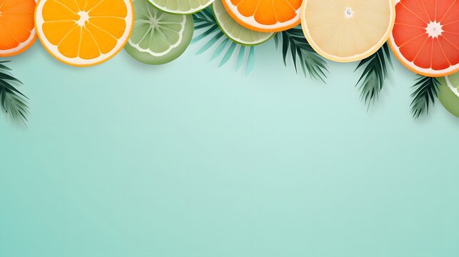 Fresh oranges and flowers frame the tranquil aqua background, ideal for vibrant summer designs and health-themed graphics.