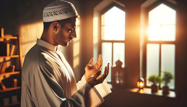 a man in a white hat is praying with a window behind him in a mosque