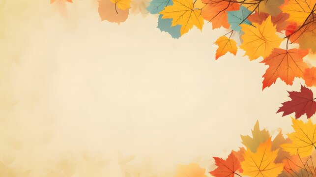 An elegant frame of colorful autumn leaves on a soft vintage background with ample space for text, perfect for fall-themed designs and invitations.