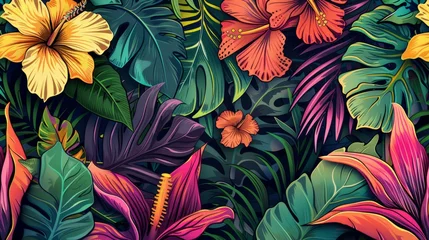 Fotobehang Tropical background. Exotic Landscape, Hand Drawn Design. Luxury Wall Mural. Leaf and Flowers Wallpaper.  © Fatih