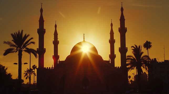 Beautiful Mosque Silhouette Illustration with Light Flare, An Islamic Background