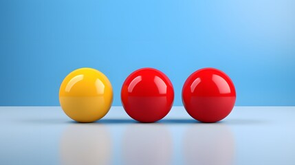 Three glossy spheres in bold primary colors of yellow and red, set against a clean blue background with a reflective surface.