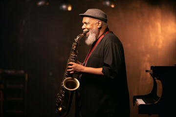 An African American senior man is playing the saxophone at stage during a jazz music concert