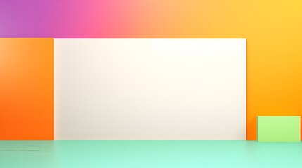 A minimalist graphic with a large white central panel flanked by vibrant orange and purple, resting on a soft teal surface for a modern display.