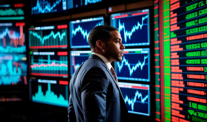 A man in a suit looks at multiple computer screens showing financial information. - obrazy, fototapety, plakaty