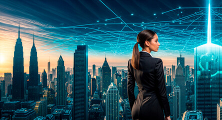 A woman in a suit stands in front of a city skyline with a digital network superimposed over the image. - obrazy, fototapety, plakaty
