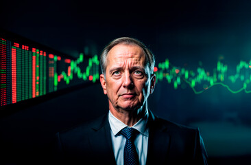 A serious-looking older man in a suit standing in front of a wall of stock market numbers.