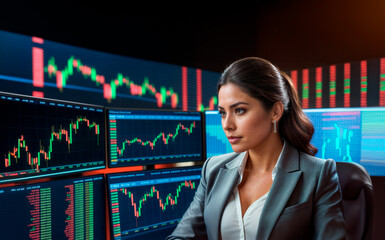 A woman in a suit sits in front of multiple computer screens displaying financial information. - obrazy, fototapety, plakaty