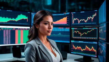 A woman in a grey jacket standing in front of six computer screens displaying financial information and graphs. - obrazy, fototapety, plakaty