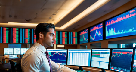 A stock trader in a white shirt and red tie sits in front of multiple computer screens displaying financial information.
