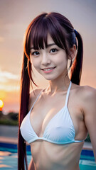 夏の夕暮れのビーチで水着を着た笑顔の若い女性