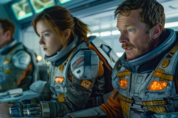 Male and Female Astronauts in Spacesuits Operating Controls in a Spacecraft Cockpit