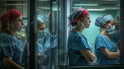 a healthcare setting, highlighting women professionals in various roles, from surgeons to nurses, working together. The emphasis is on teamwork, compassion, and dedication