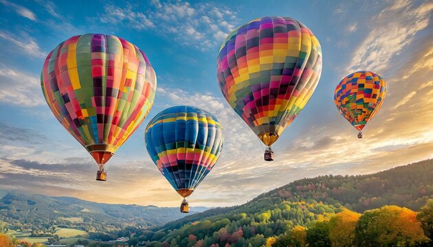 a charming set of three hot air balloons floating gracefully against a serene sky background, each balloon adorned with vibrant colors and whimsical patterns, evoking a sense of adventure and wonder, 