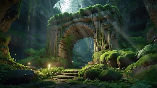 Let yourself be transported to a serene oasis in the heart of a tropical forest, where the ambiance of an ancient temple pervades, in this seamlessly looping animation