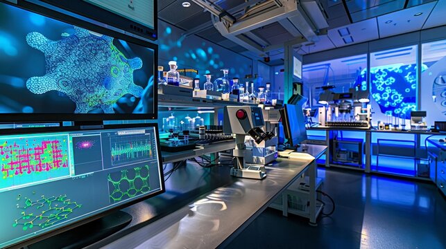cutting-edge nanotechnology lab, where scientists are manipulating materials at the atomic level, with displays showing magnified nanostructures and advanced equipment for nano-fabrication.
