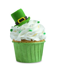 St. Patrick's day party. Tasty cupcake with green leprechaun hat topper and sprinkles isolated on...