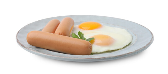 Delicious boiled sausages, fried eggs and parsley isolated on white