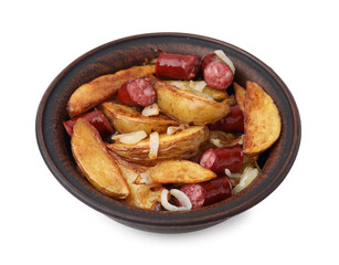 Delicious baked potato with thin dry smoked sausages and onion in bowl isolated on white