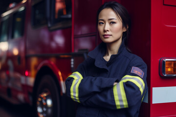Asian female fire fighter standing in front of fire truck with arms crossed