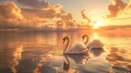 Couple of white swans swimming on the calm lake at sunset