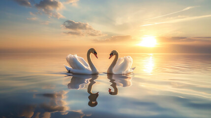 Couple of white swans swimming on the calm lake at sunrise - obrazy, fototapety, plakaty